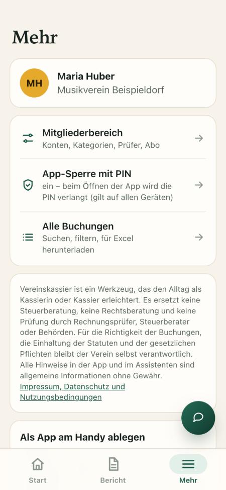 Bereich Mehr in der Handy-App mit Mitgliederbereich, App-Sperre mit PIN und Anleitung