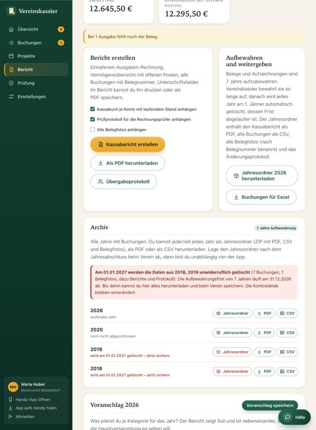 Archiv mit Löschhinweis und je Jahr den Knöpfen Jahresordner, PDF und CSV
