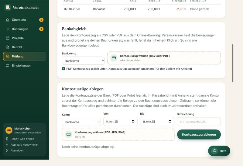 Bankabgleich mit Bankkonto-Auswahl und dem Feld zum Hochladen eines Kontoauszugs als CSV oder PDF