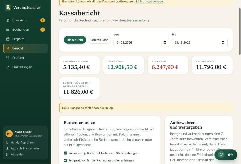 Berichtsseite mit Zeitraum, Kennzahlen und den Knöpfen Kassabericht erstellen und Als PDF herunterladen