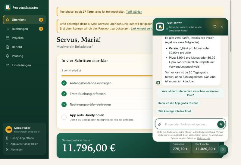 Geöffnete Hilfe-Sprechblase mit Antwort und Vorschlägen für Fragen