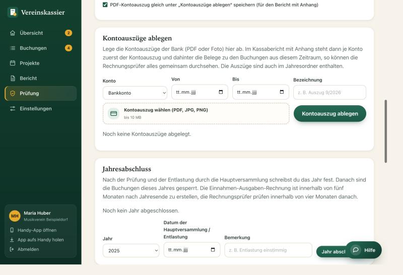 Formular Kontoauszüge ablegen mit Konto, Von, Bis, Bezeichnung und Dateiauswahl