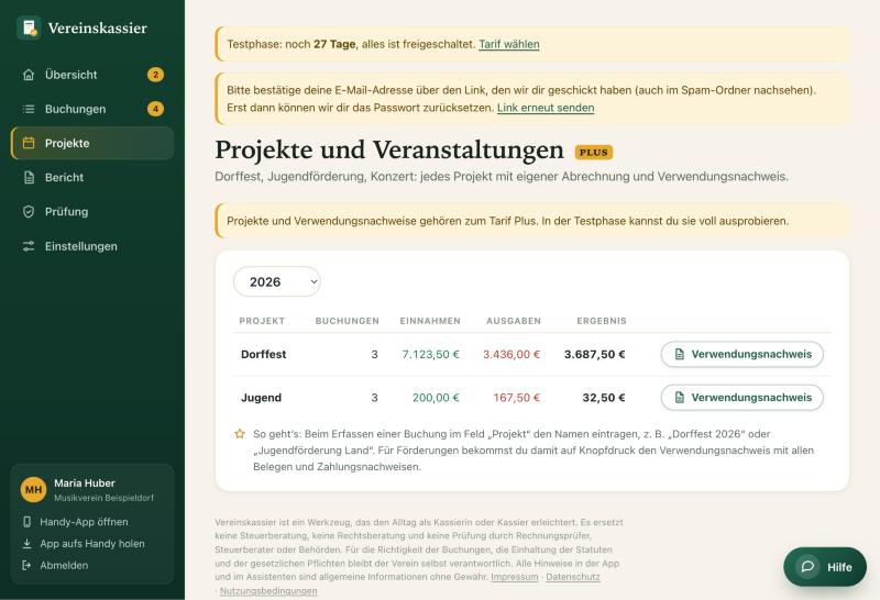 Projekte mit Einnahmen, Ausgaben, Ergebnis und dem Knopf Verwendungsnachweis