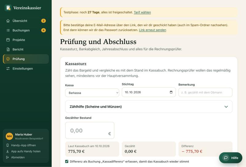 Kassasturz mit Kassa, Stichtag, Zählhilfe, gezähltem Bestand und Differenz